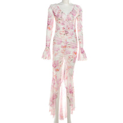 Long flared sleeve v neck flower print mesh maxi dress