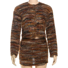 Long sleeve crewneck button fluffy mini skirt set