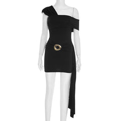 One shoulder ruched metal applique mini dress