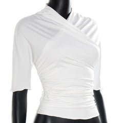 Ruched solid short sleeve cross front top