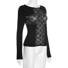 Cross pattern long sleeve crewneck top