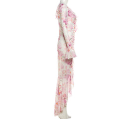 Long flared sleeve v neck flower print mesh maxi dress