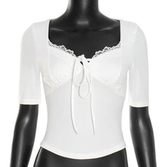 Lace hem self tie short sleeve solid top