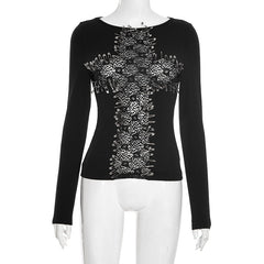 Cross pattern long sleeve crewneck top