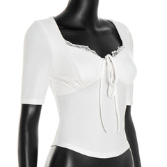 Lace hem self tie short sleeve solid top