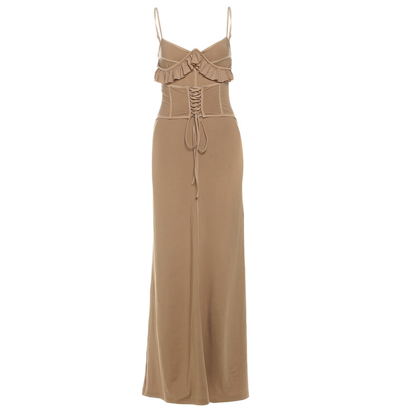 Lace up ruffle solid cami maxi dress