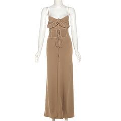 Lace up ruffle solid cami maxi dress