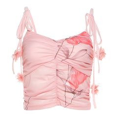 Flower print mesh self tie cami top