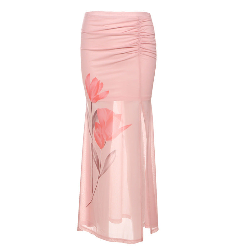 Flower print slit ruched mesh maxi skirt
