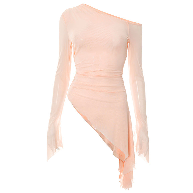 One shoulder long sleeve mesh irregular top