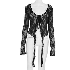 Long sleeve lace ruffle self tie top