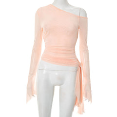 One shoulder long sleeve mesh irregular top