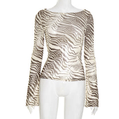 Long sleeve striped print mesh top
