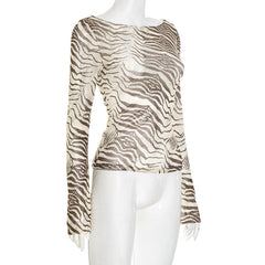 Long sleeve striped print mesh top