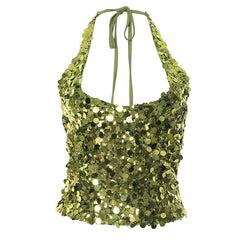 Halter glitter backless self tie top