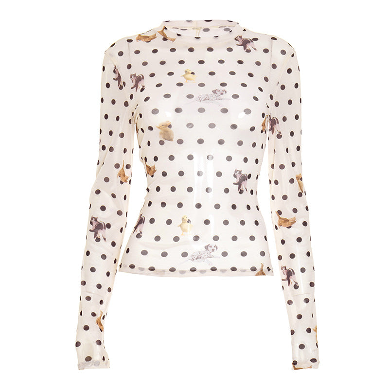 Long sleeve polka dot mesh top