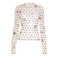 Long sleeve polka dot mesh top