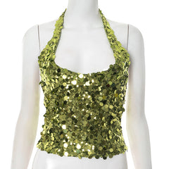 Halter glitter backless self tie top