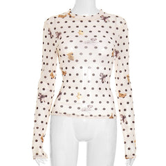 Long sleeve polka dot mesh top