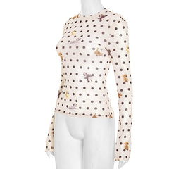Long sleeve polka dot mesh top
