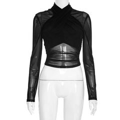 Long sleeve high neck mesh front cross top