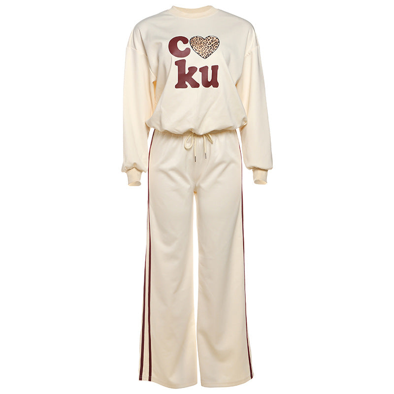 Crewneck long sleeve letter pattern drawstring pant set