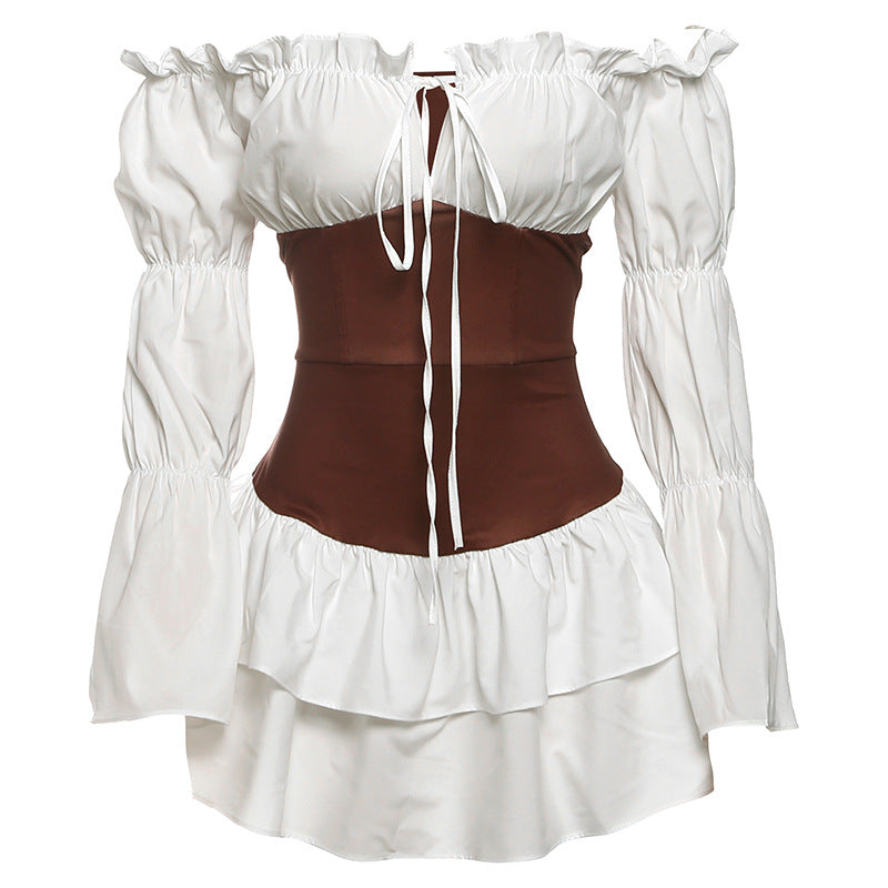Long flared sleeve off shoulder ruched mini dress