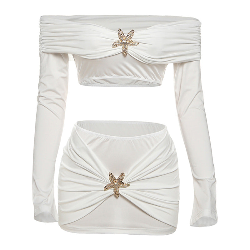 Off shoulder long sleeve ruched mini skirt set