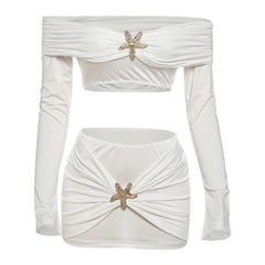 Off shoulder long sleeve ruched mini skirt set