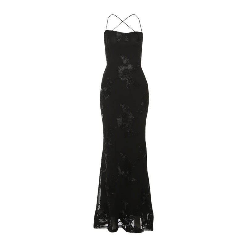 Cross back mesh spaghetti strap maxi dress