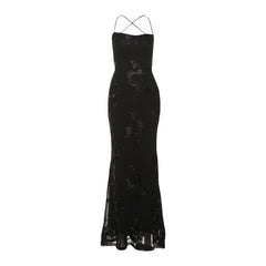 Cross back mesh spaghetti strap maxi dress
