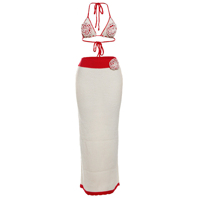 Self tie halter knitted flower applique maxi skirt set