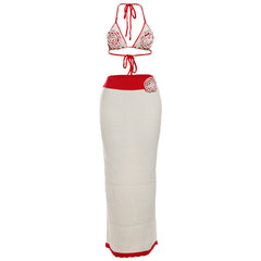 Self tie halter knitted flower applique maxi skirt set