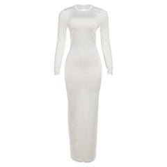Crewneck long sleeve backless solid maxi dress