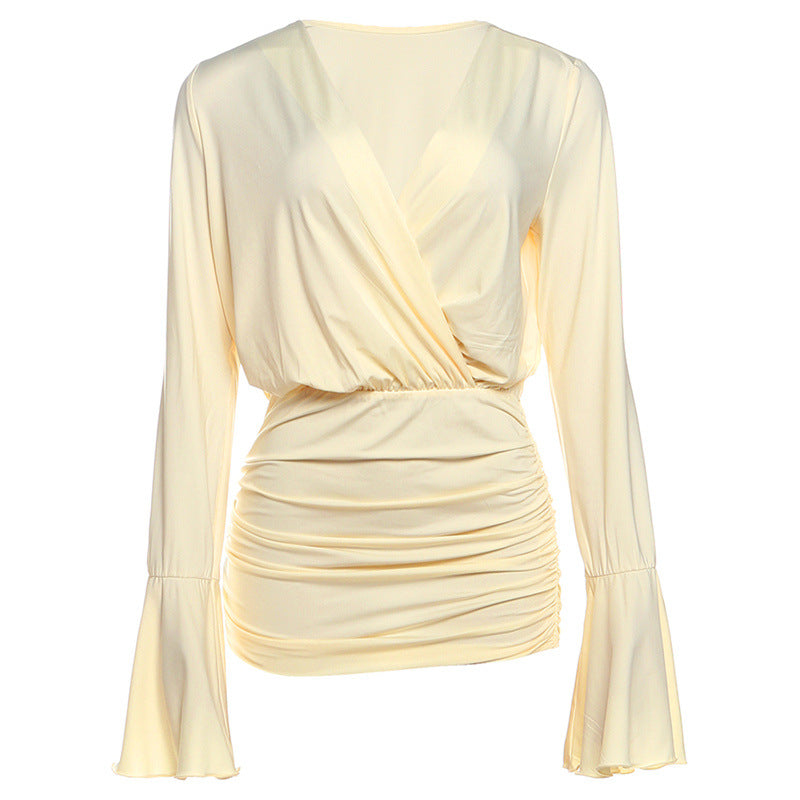 Long flared sleeve ruched v neck mini dress