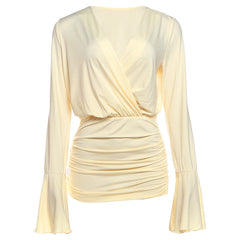 Long flared sleeve ruched v neck mini dress