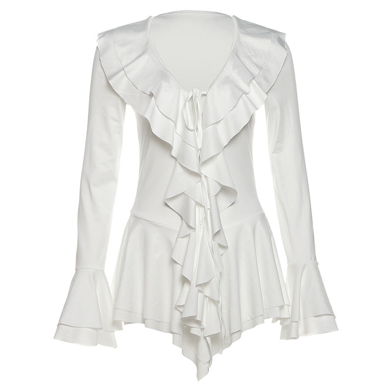 Long flared sleeve ruffle v neck self tie mini dress