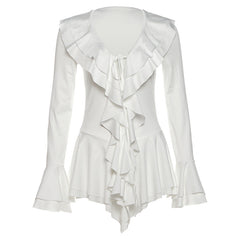 Long flared sleeve ruffle v neck self tie mini dress