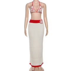 Self tie halter knitted flower applique maxi skirt set
