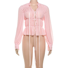 Ruched long sleeve chiffon self tie top