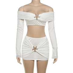 Off shoulder long sleeve ruched mini skirt set
