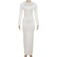 Crewneck long sleeve backless solid maxi dress