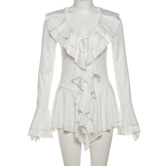 Long flared sleeve ruffle v neck self tie mini dress