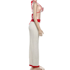 Self tie halter knitted flower applique maxi skirt set