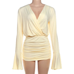 Long flared sleeve ruched v neck mini dress