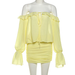 Off shoulder ruched long sleeve self tie mini dress