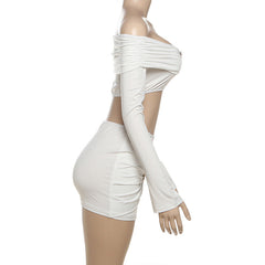 Off shoulder long sleeve ruched mini skirt set