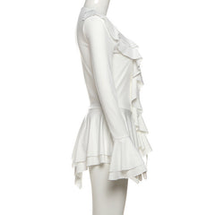 Long flared sleeve ruffle v neck self tie mini dress