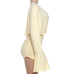Long flared sleeve ruched v neck mini dress