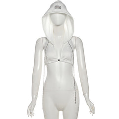 Hoodie metal chain v neck backless crop top